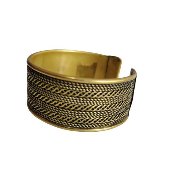 70s Brass Wide Cuff Bracelet Rope Design Thick Banded End Protectors 3D Texture - Picture 2 of 6